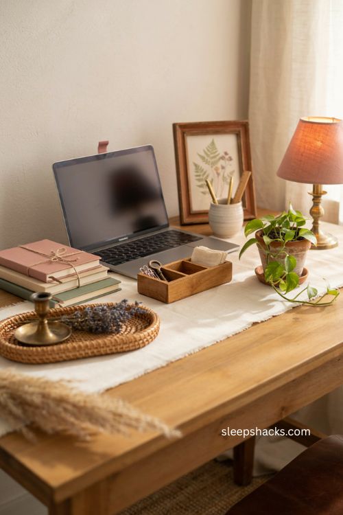 Inspirational themed office desk decor with botanical style 