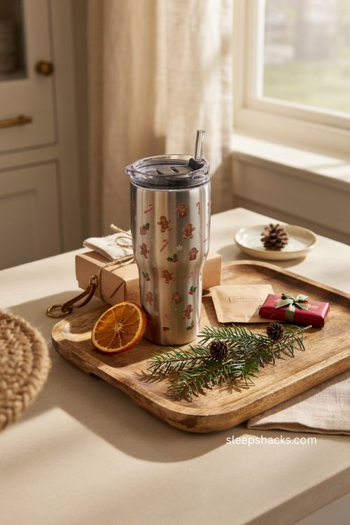 Insulated Christmas travel tumblers with holiday prints and practical coworker gift ideas 
