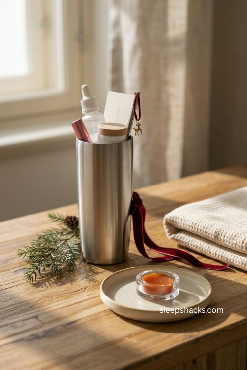 Insulated tumbler Christmas gift with mini skincare lip gloss and reindeer charm 