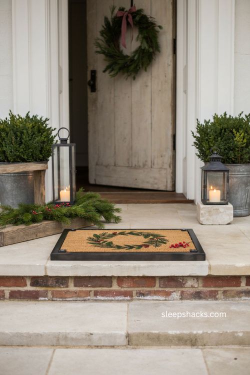 Interchangeable Christmas doormat frame with neutral wood and cozy seasonal porch decor 