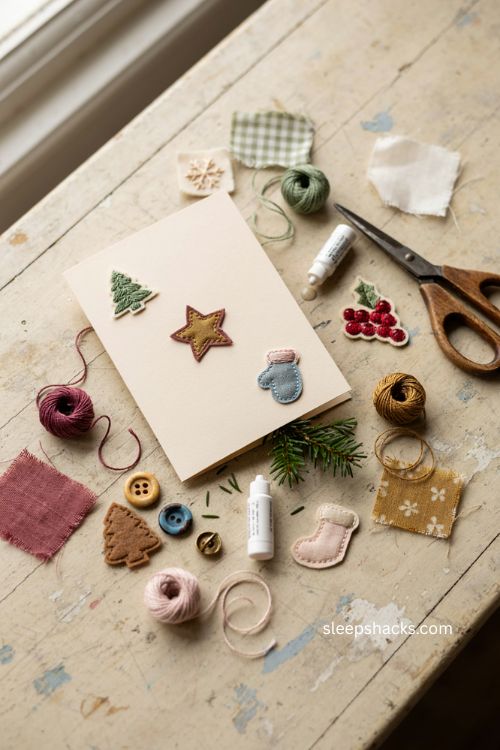 Iron on patch Christmas card with embroidered tree star mitten and repurposed craft supplies 