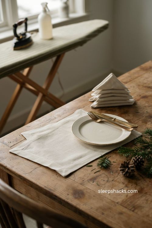 Ironing linen napkins before Christmas tree folding for crisp holiday table decor