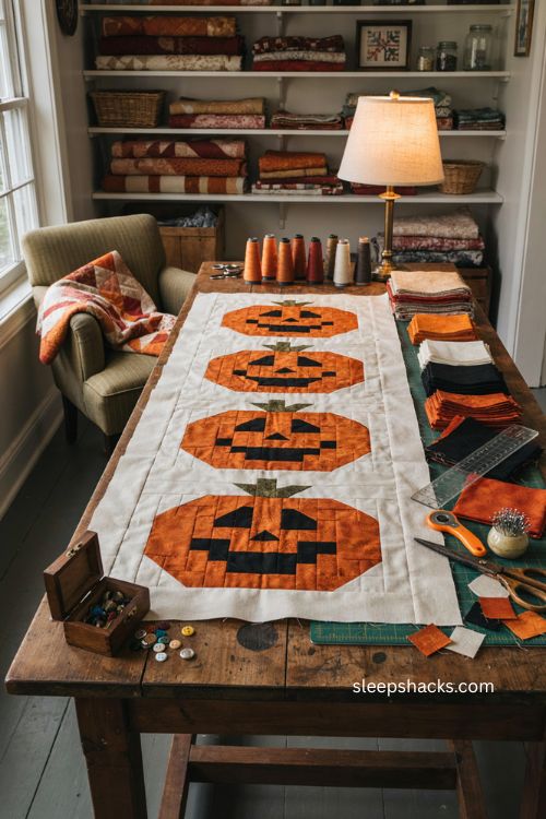 Jack o lantern pixel quilt block with orange black squares and cozy Halloween sewing room