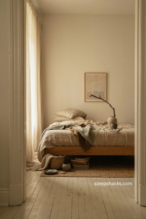 Japandi bedroom design with warm minimalism natural wood and cozy textures 