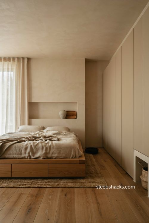 Japandi bedroom with concealed built in storage and seamless cabinetry 