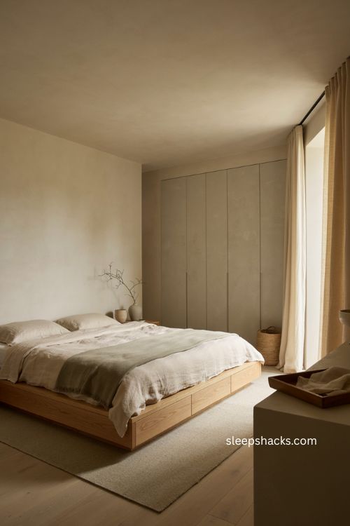 Japandi bedroom with concealed storage and clutter free calm surfaces 