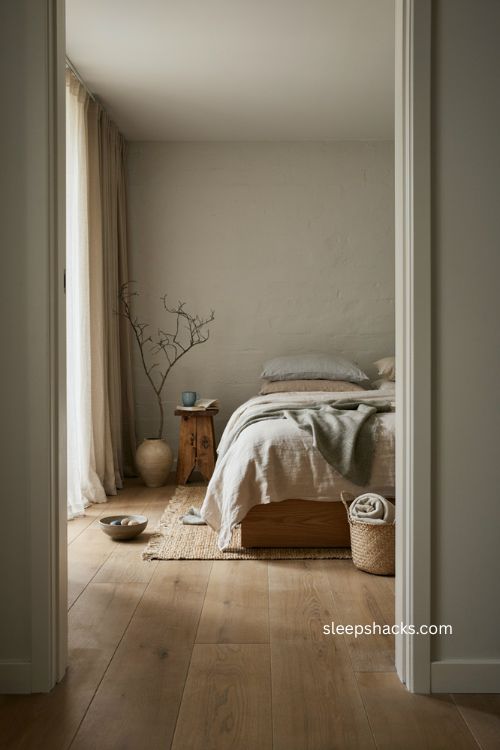 Japandi bedroom with earthy natural colors sage green muted blue and warm wood 