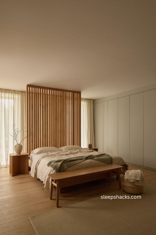 Japandi bedroom with geometric furniture slatted wood and clean lines 