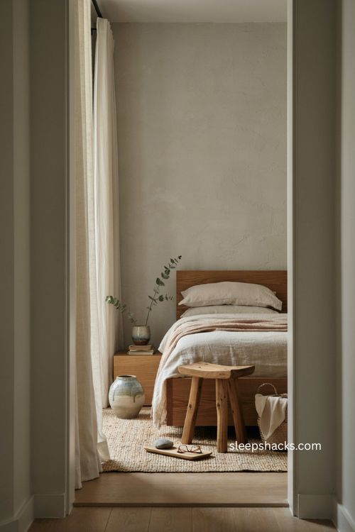 Japandi bedroom with handmade wood furniture natural materials and timeless craftsmanship 