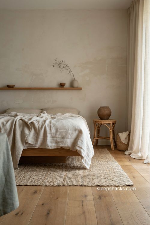 Japandi bedroom with layered linen wool jute and woven textures 
