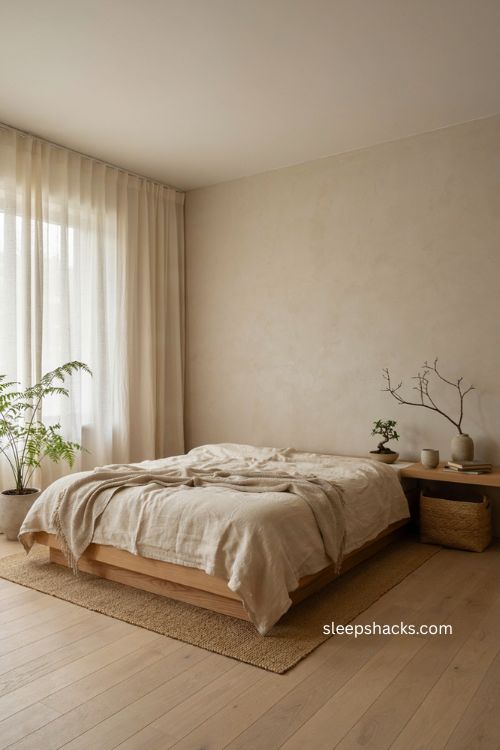 Japandi bedroom with low maintenance plants natural wood and linen textures 