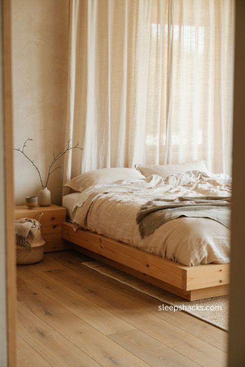 Japandi bedroom with low wooden platform bed and natural cozy textures 