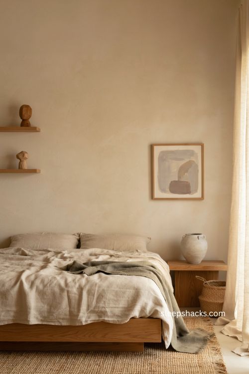 Japandi bedroom with meaningful decor blank walls and handmade accents 