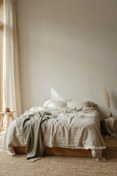Japandi bedroom with natural linen bedding wool throw and jute rug 