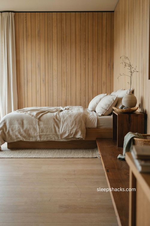 Japandi bedroom with natural oak and dark walnut wood contrast 