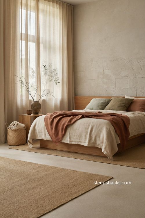 Japandi bedroom with seasonal layers natural linen greenery and cozy accents 