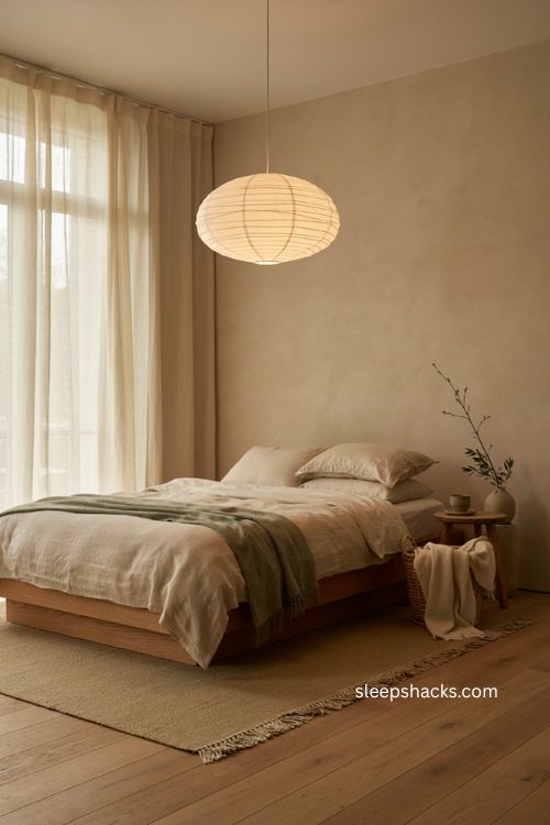 Japandi bedroom with soft diffused lighting paper pendant and linen curtains 