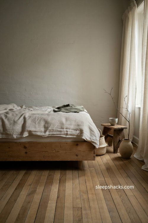 Japandi bedroom with wabi sabi ceramics aged wood and imperfect textures 