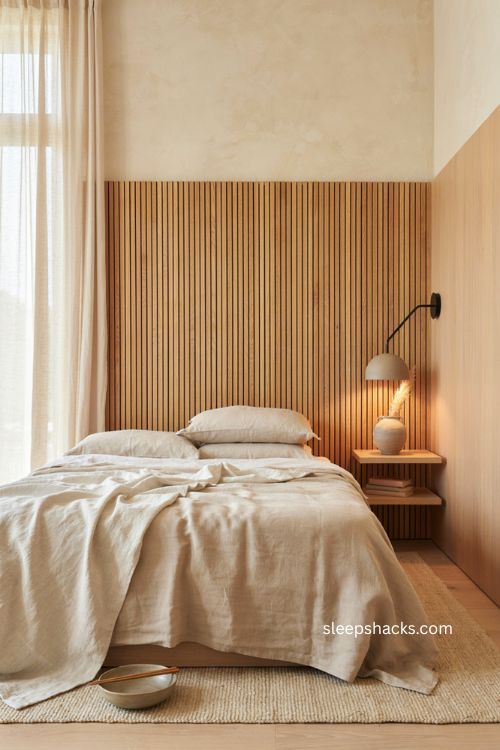 Japandi neutral bedroom with light wood slat headboard beige linen and minimal decor 