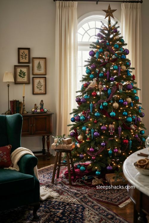 Jewel tone Christmas tree with sapphire ruby emerald amethyst and antique gold ornaments 