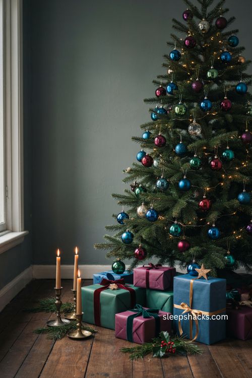 Jewel tone Christmas wrapping paper ideas with emerald sapphire and deep plum gifts 