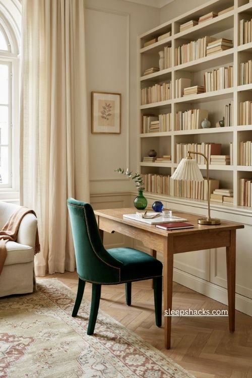 Jewel tone accents for a glamorous neutral home office 