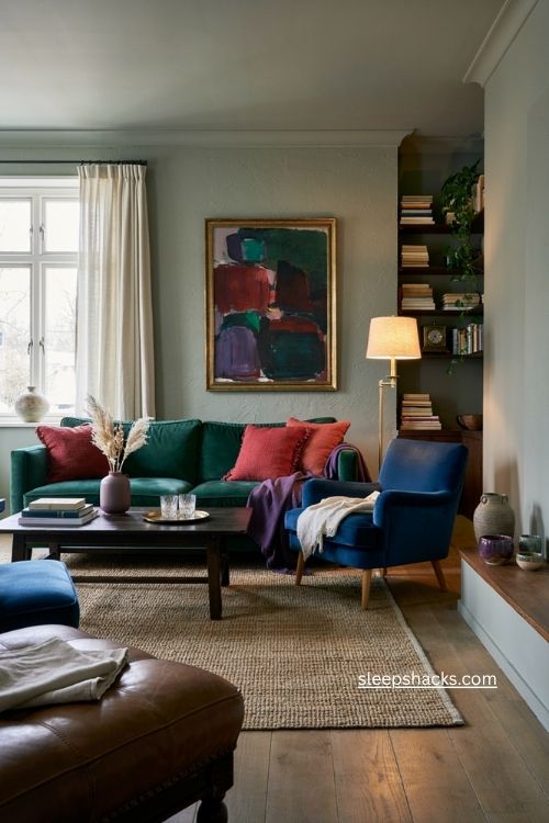 Jewel tone green living room with emerald sapphire ruby and amethyst accents
