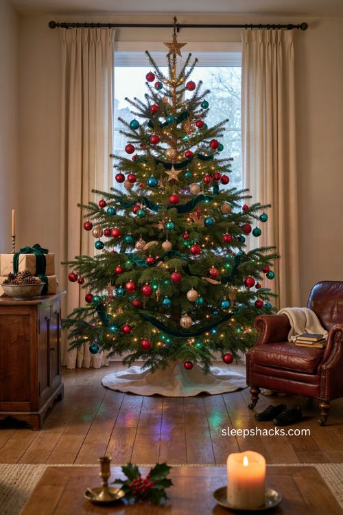 Jewel tone multicolor Christmas tree with mixed textures