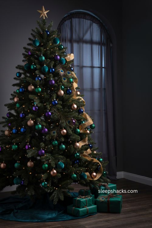 Jewel toned peacock Christmas tree decor ideas