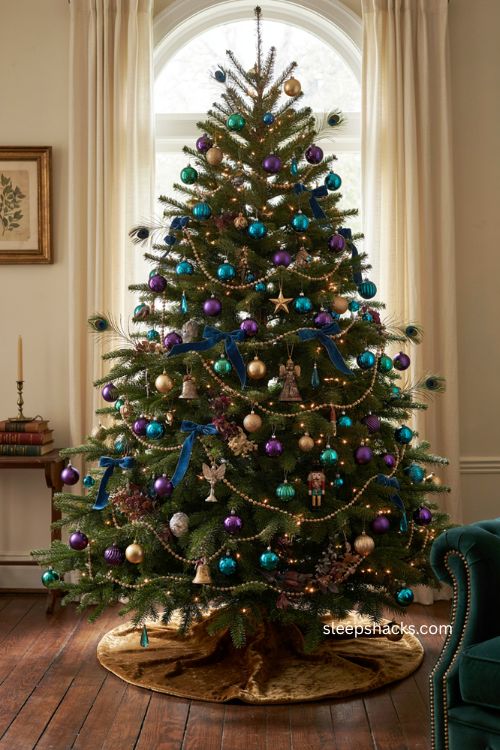 Jewel toned peacock Christmas tree with purple emerald sapphire ornaments and metallic garland 