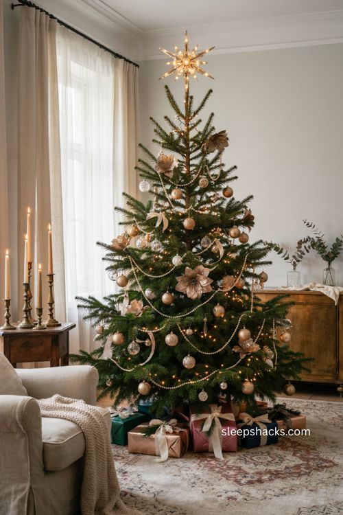 Jeweled Christmas tree topper decor ideas for a glamorous holiday living room 