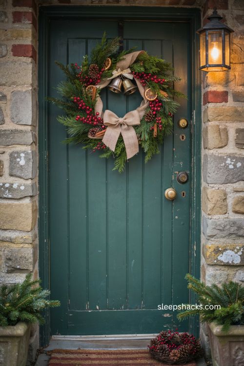 Jingle bell Christmas door swag with burlap bow pine greenery and red berries