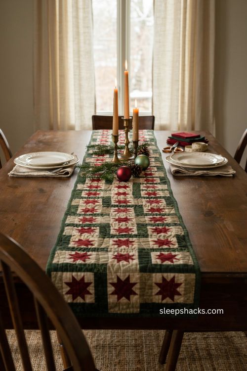 Joyful gathering Christmas table runner pattern with repeated red green quilt blocks