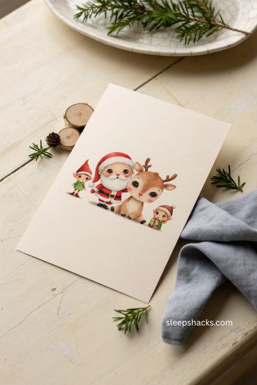 Kawaii Santa reindeer and elf Christmas card in soft red cream and blue 