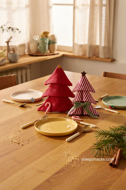 Kid friendly Christmas tree napkin folding with candy cane and festive accents