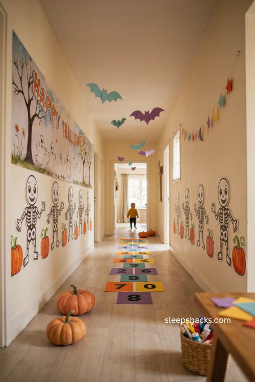 Kid friendly Halloween hallway with smiling skeletons bats and playful decorations 