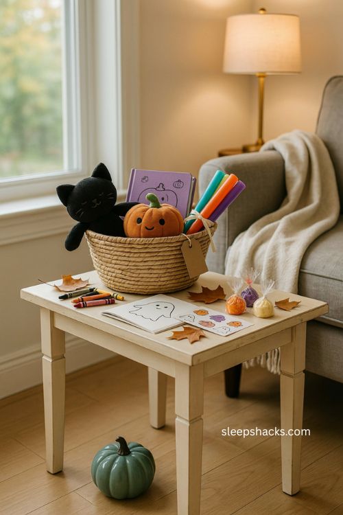Kids Halloween boo basket ideas with plush toys storybook glow sticks and treats 