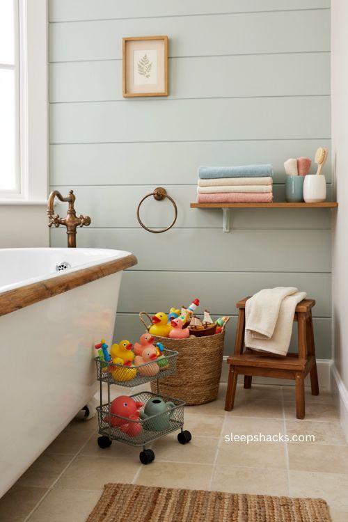 Kids bathroom bath toy storage ideas with woven baskets and mesh caddy