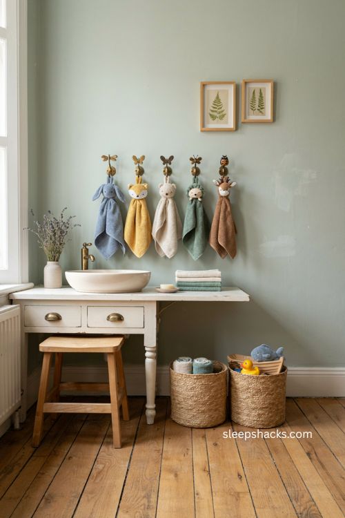 Kids bathroom ideas with animal towel hooks and playful critter towels