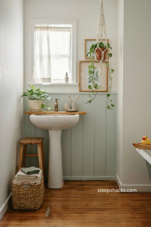 Kids bathroom ideas with fresh green plants and cozy natural decor