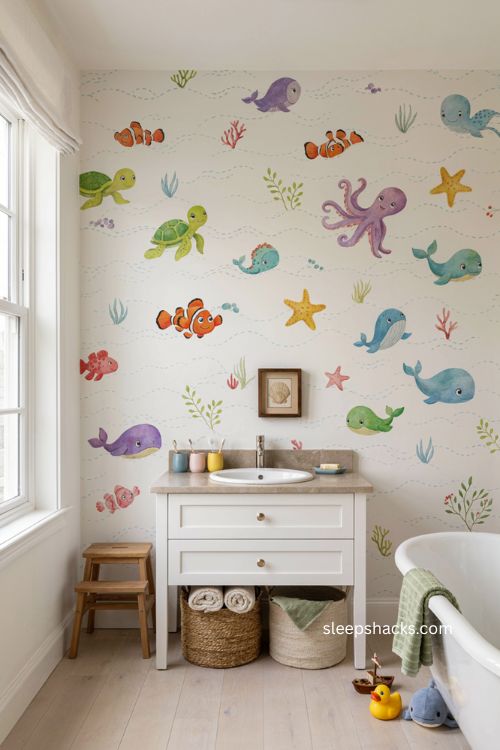 Kids bathroom ideas with playful ocean creature statement wallpaper