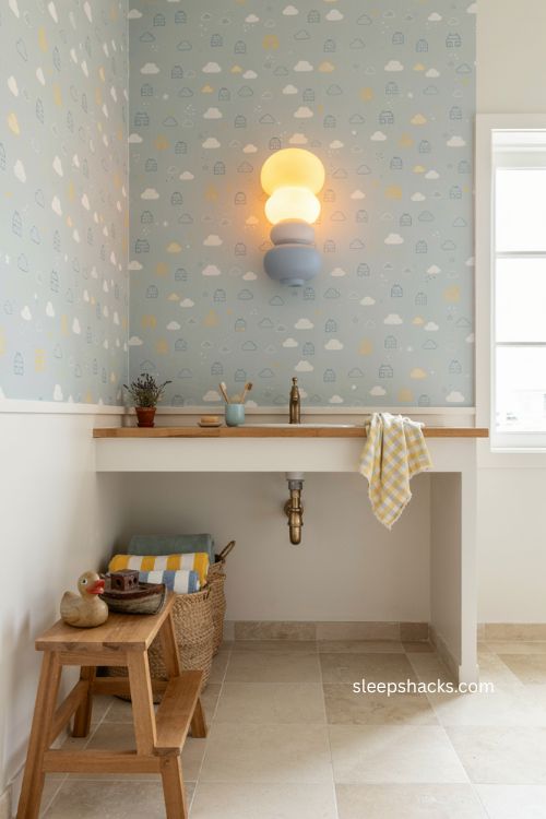 Kids bathroom ideas with playful statement light fixture and colorful wallpaper