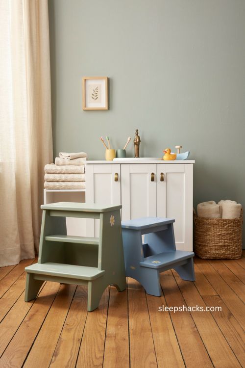 Kids bathroom step stool ideas with two colorful wooden stools for independence