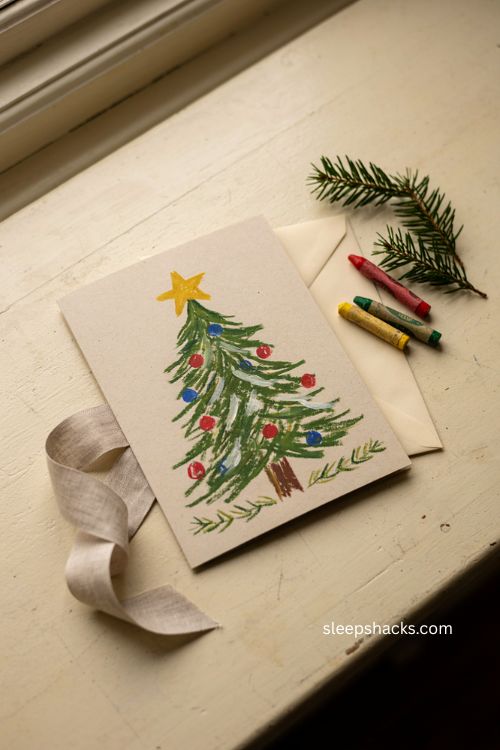 Kids crayon style Christmas card with colorful tree and handmade charm 