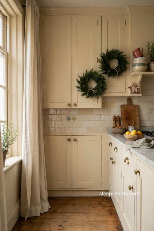Kitchen cabinets Christmas decor with simple greenery and festive wreaths 
