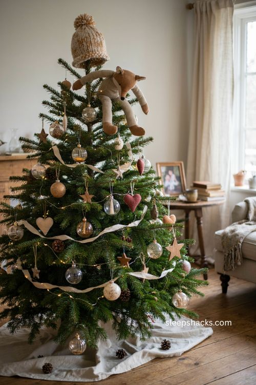 Knitted hat and plush toy christmas tree topper ideas for sentimental holiday decor 