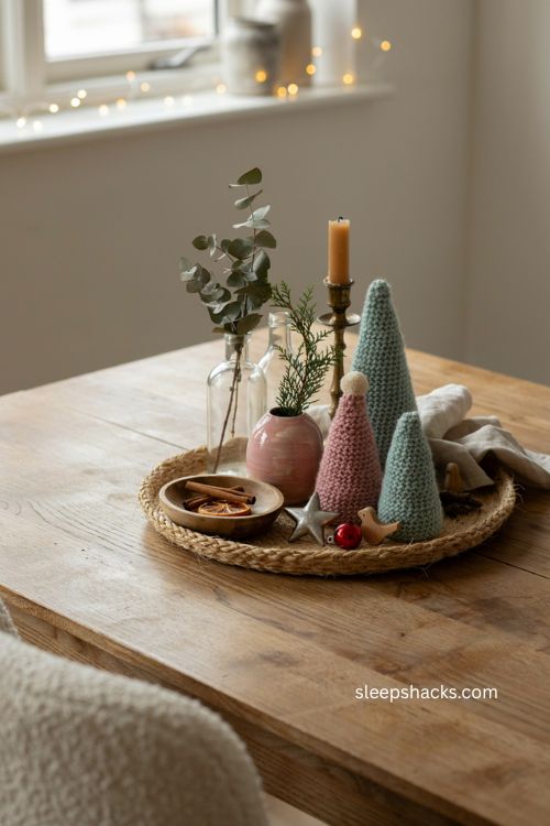 Knitted tabletop Christmas trees in a cozy neutral holiday living room 