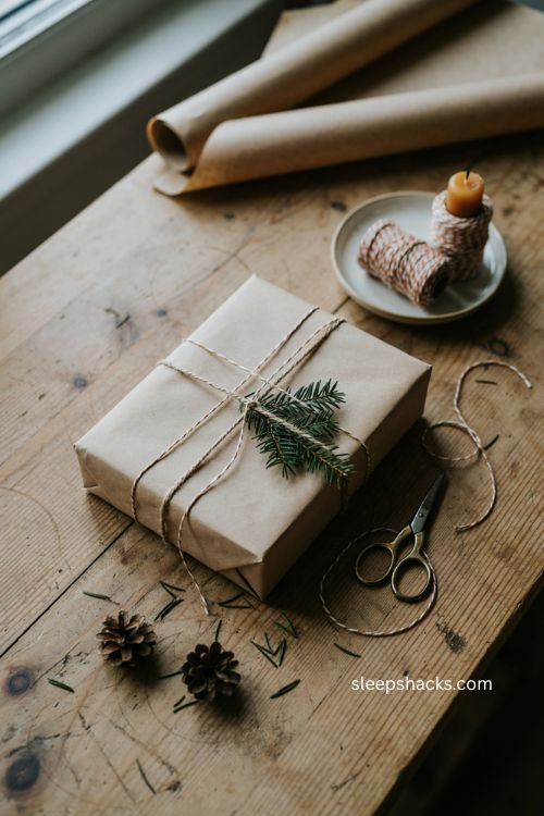 Kraft paper Christmas gift wrapping with layered twine and greenery 