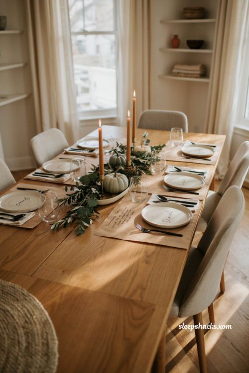 Kraft paper Thanksgiving placemats with neutral ceramic plates matte black flatware and greenery
