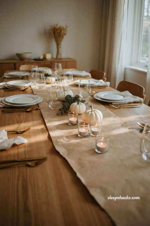 Kraft paper runner Thanksgiving table with gold flatware white pumpkins and candles